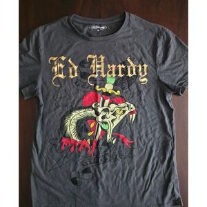 Ed Hardy Womens Graphic T-Shirt Charcoal Grey Rhinestone Skull Dagger Size M